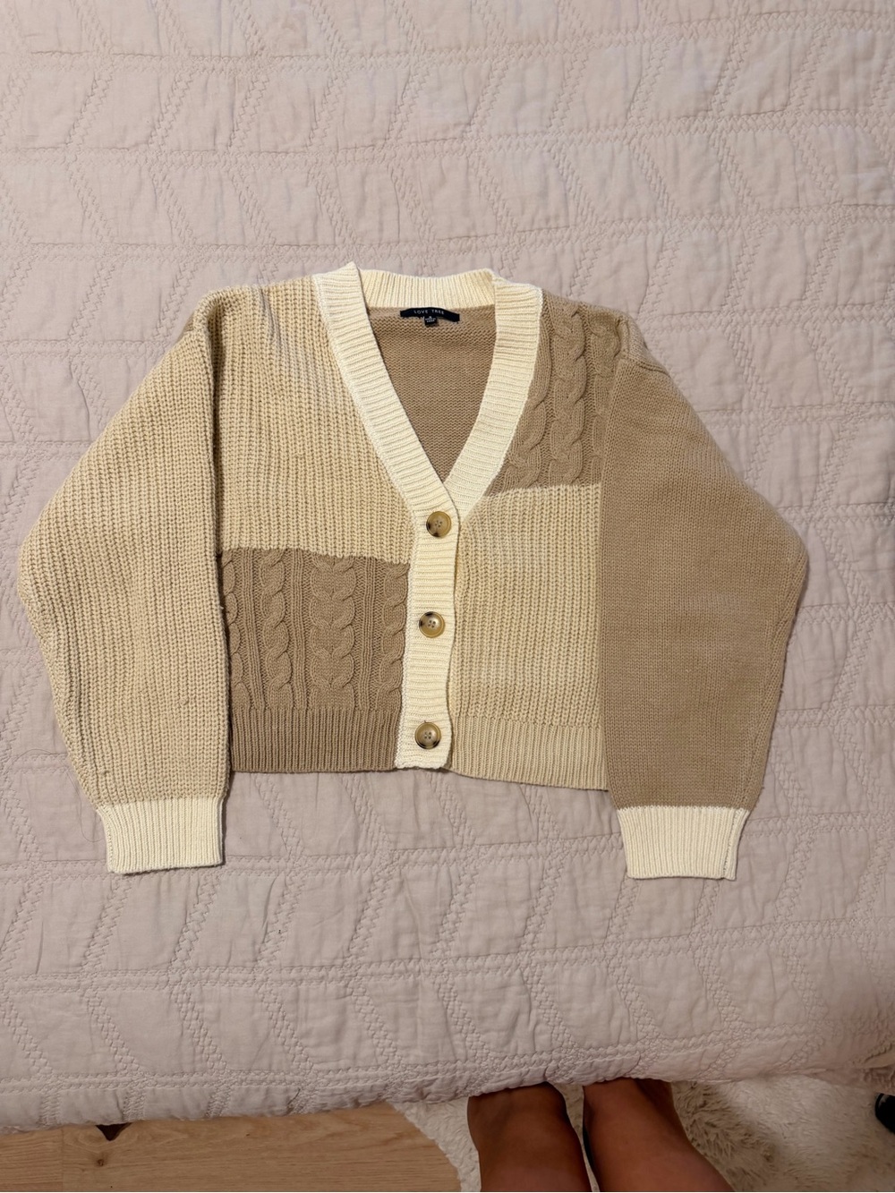 Love Tree Two-Tone Cream and Tan Colorblock Knit Cardigan